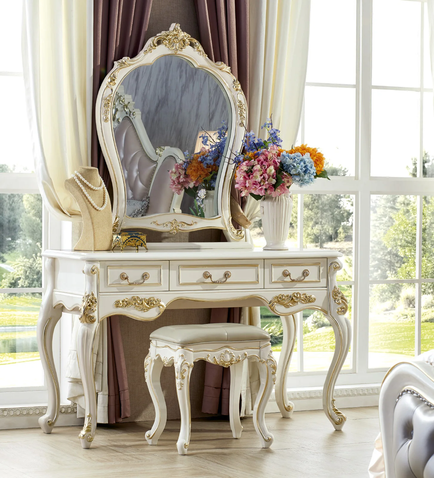 
Bedroom Wood Furniture Vanity Dressing Table White Makeup Dresser With Mirror 