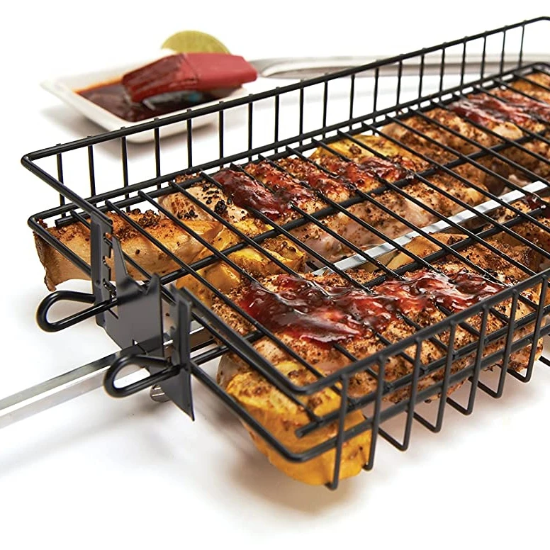Stainless Steel Flat Spit Rotisserie BBQ Grill Basket Barbecue Accessories Tools