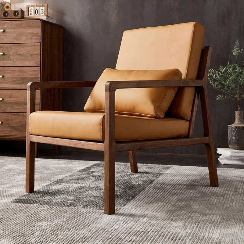 Italian minimalist single sofa chair hotel black walnut leisure chair living room study solid wood sofa chair