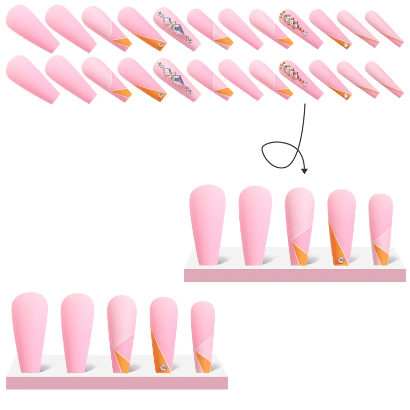 2022 Luxury Bling Pink High Quality Bulk False 3d Acrylic Design Wholesale Custom Press On Nails With Rhinestones and Box