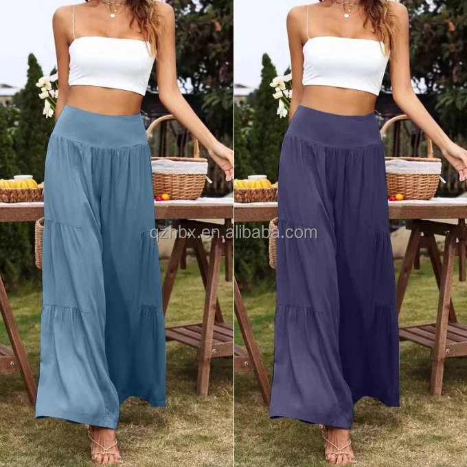 Elegant Fashion Linen Trousers 14 Colors High Waist Easy Home Walk Lounge Beach Vacation Layered Frill Loose Flare Pants