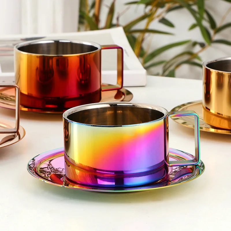 Stainless Steel 304 Double Insulated Coffee Mug and Saucer Set Thickened Household Blender Cup Durable Metal Design