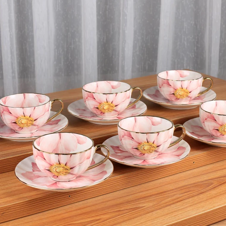 Russian 200ml modern pink printed large tea cup and saucer sets bone china royal albert floral tea cup set with gold rimmed