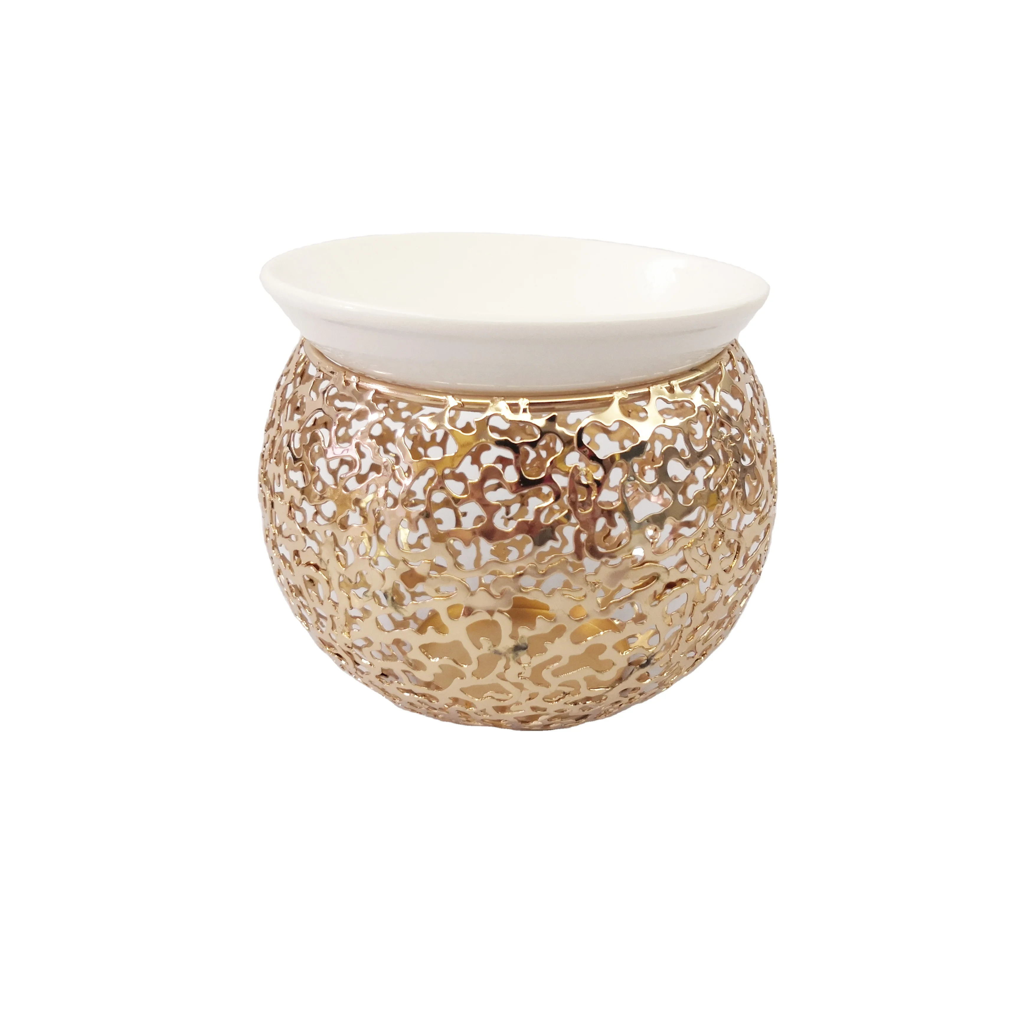 Gold Round Metal Delicate Romantic Ceramic Tealight Candle Holder Oil Burner Wax Warmer for Wedding Event Home Office Decor