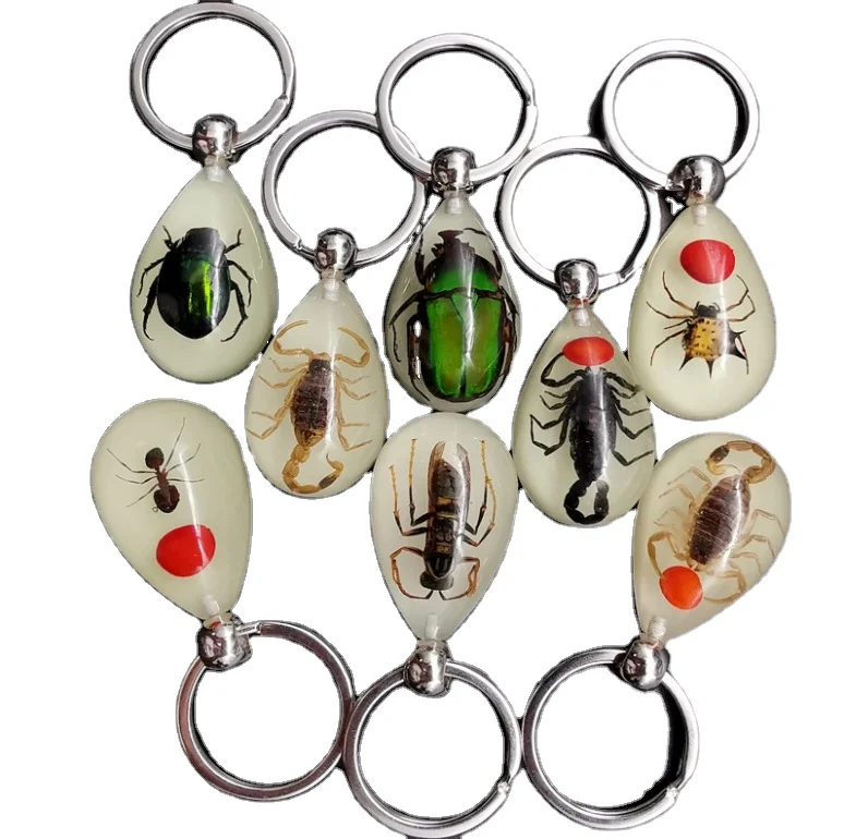 Glowing in dark fluorescent green resin acrylic amber insect pendant keychain,scorpion Crab Ladybug Ants Insect specimen keyring