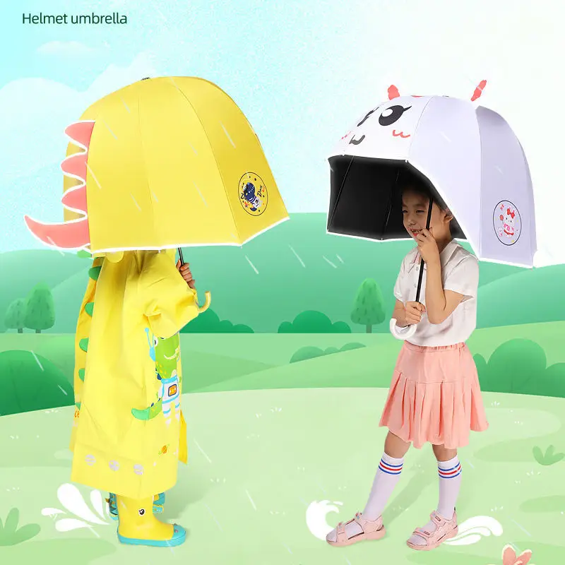 TX301 Kids Straight Umbrella Cartoon Students Sunshade Helmet with Safe Reflective Strip for Baby Girl Boy Wholesale Usage