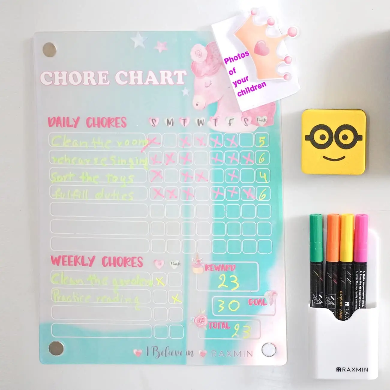 Chores Chart for Girls 11x8 Inch Rainbow Lridescent Acrylic Magnetic Dry Erase Board for Fridge Chores Chart for Kids