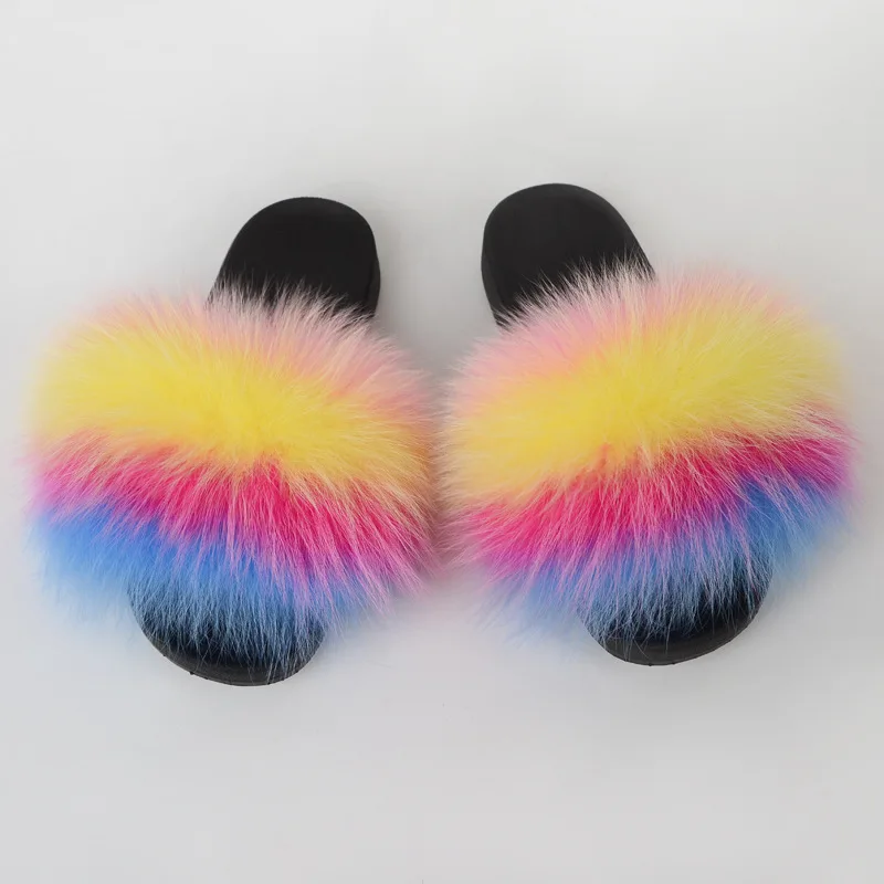 
Popular hot selling rainbow color real fur slippers fox fur furry slides 