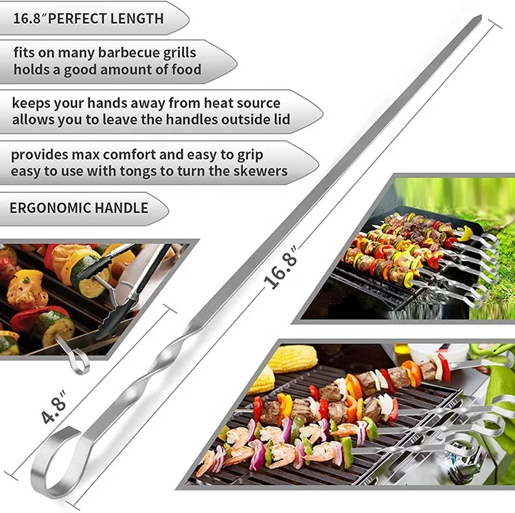 Stainless Steel BBQ Skewers BBQ Fork Kebab chotto heat stick Barbecue Grill Long Flat Meat Skewers