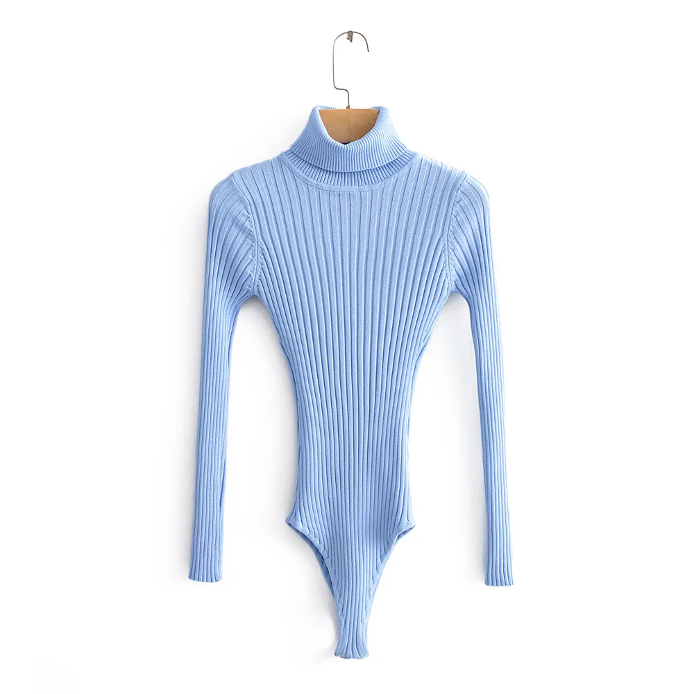 Wholesale Ladies Clothing Pure Color Long Sleeve Ribbed High Neck Bodysuit Women
