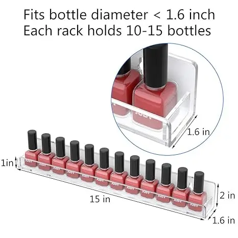 6 Pack Acrylic Clear Nail Polish Wall Mounted Holder, Nail Polish Shelf with Removable Anti-slip End Inserts for Store/Bathroom