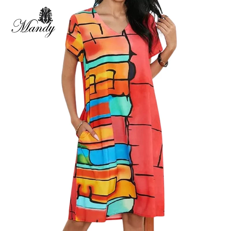 Mandy 2023 New Arrival Summer Womens House Dress Patchwork Three Quarter Dress Casual Dresses Floral Print Plain Dyed OEM Service