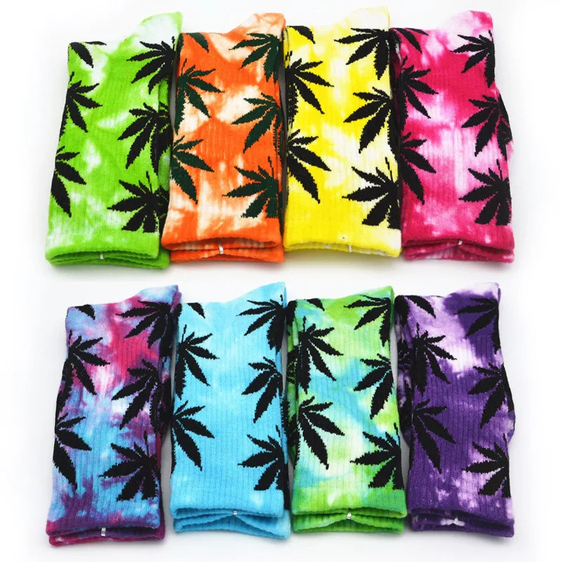 Wholesale Tie Dye Socks Organic Cotton Novelty Maple Leaf Tie Dyed Crew Women Men Slouch Fashion Weed Socks
