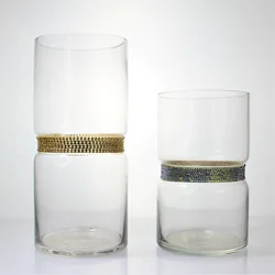 Wholesale transparent tall cylinder flower glass crystal vase with gold or silver diamond belt in the middle