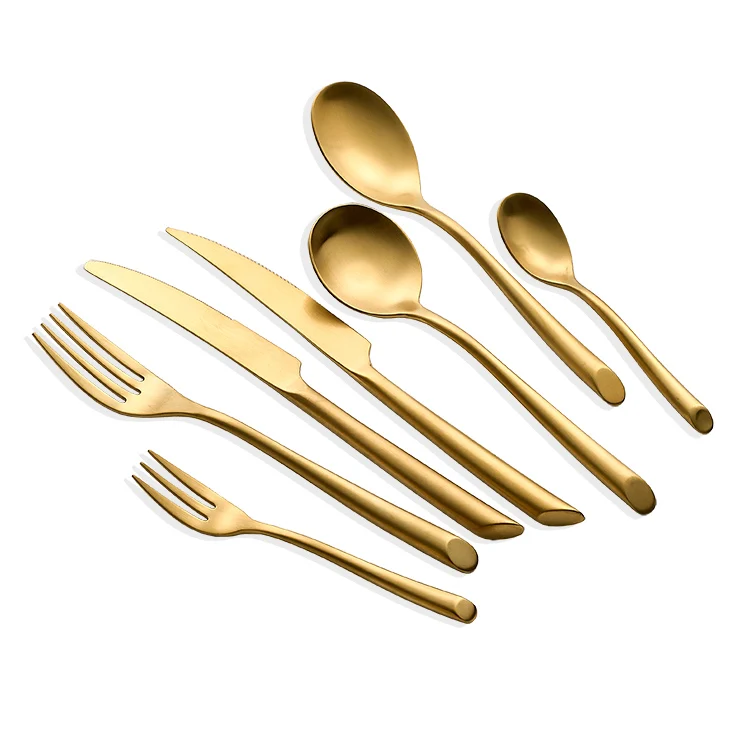 Heavy Weight Thick Handle Golden Matte Flatware Stainless Steel Wedding Event Cutlery Set