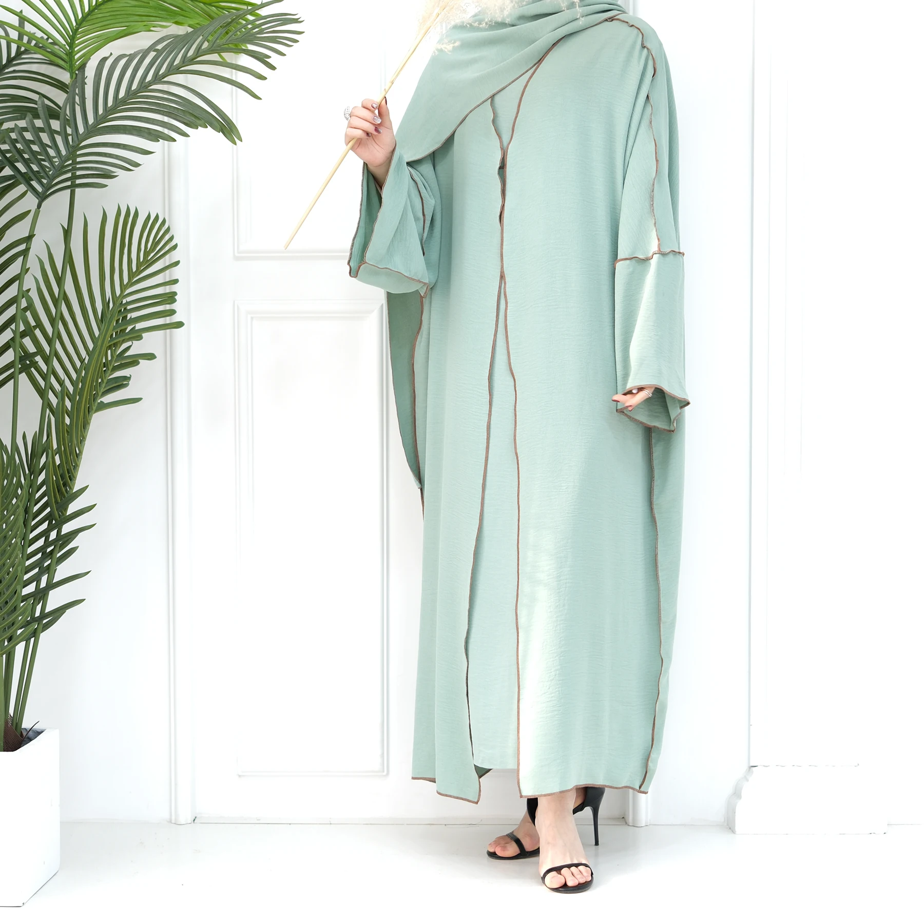 2024 Ramadan 2pcs Open Abaya Dress Set Dubai Crepe Kaftan Robe Matching Sleeveless Dress Muslim Kimonos Ladies Cardigan Dresses