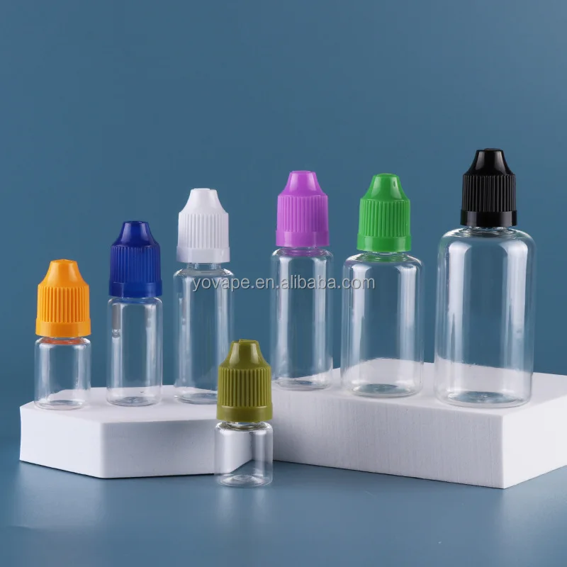 Squeeze Transparent 3ml 5ml 10ml 15ml 20ml 30ml 50ml 60ml 100ml 2 oz child proof & long thin short plug PET clear plastic bottle