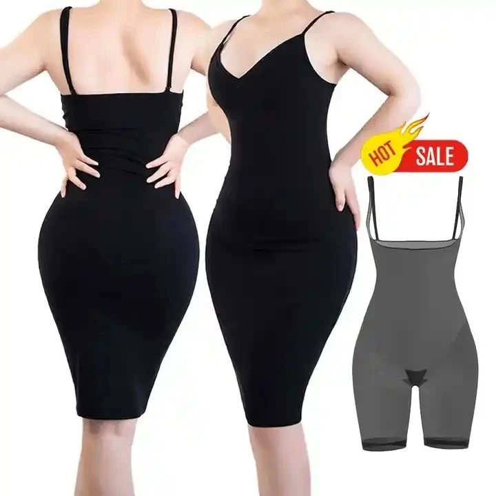 Plus Size Knitted Modal Soft Lounge Shaper Dress V Neckline Sleeveless Mini Bodycon Built-In Shapewear Maxi Dress
