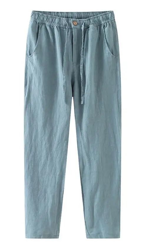 Customized Mens Casual 100% Linen Pants Wide Leg Solid Color Lightweight Elasticated Waist Straight Leg Linen Trousers