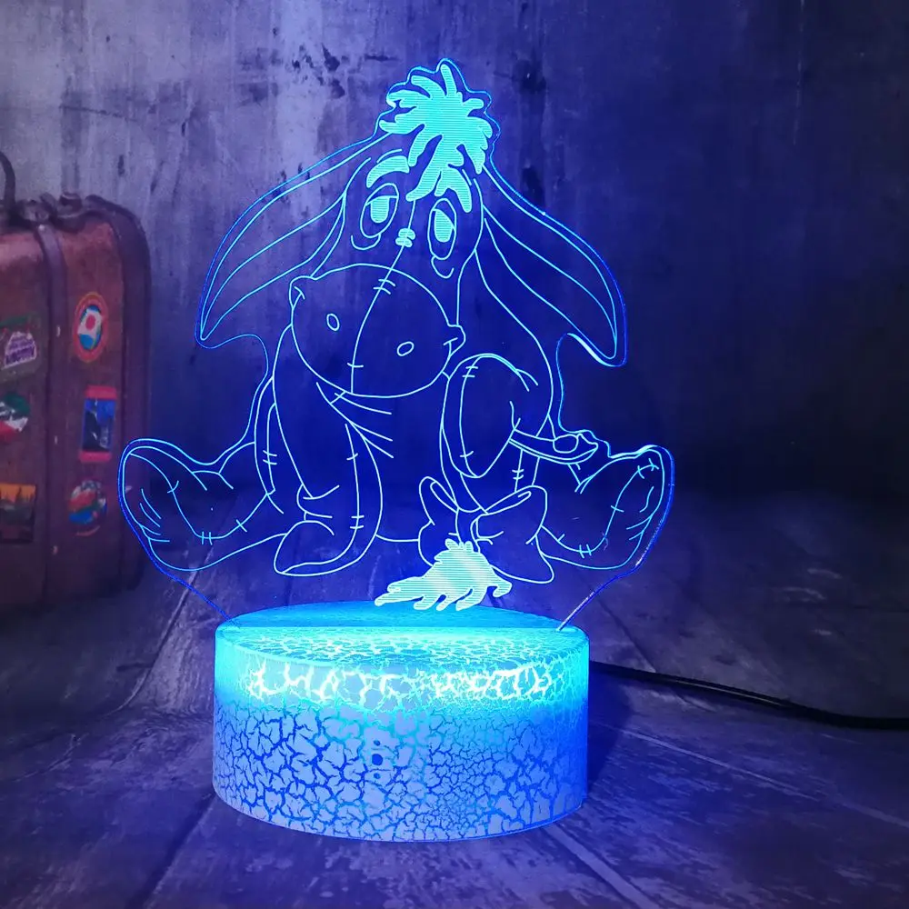 Home Decoration Cartoon Child Gifts Cute Gray Donkey Eeyore Crack Base 7 Colors Change USB Touch Acrylic 3D LED Lamp Night Light