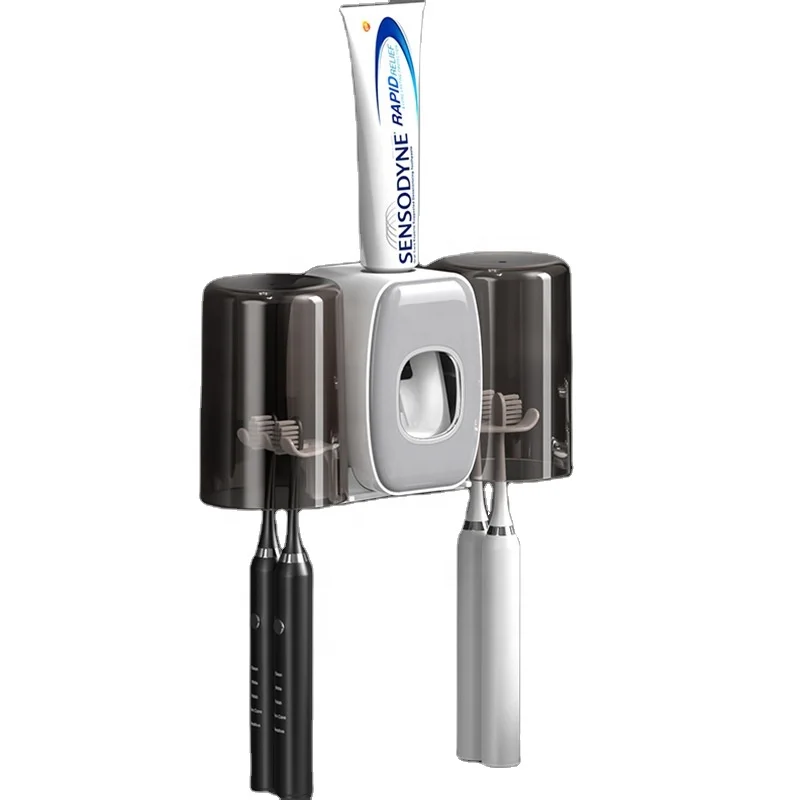 Wall Mounted Electric Toothbrush Holder Couple Plastic Toothbrush Holder Set with Toothpaste Dispenser for Bathroom 2 Cups