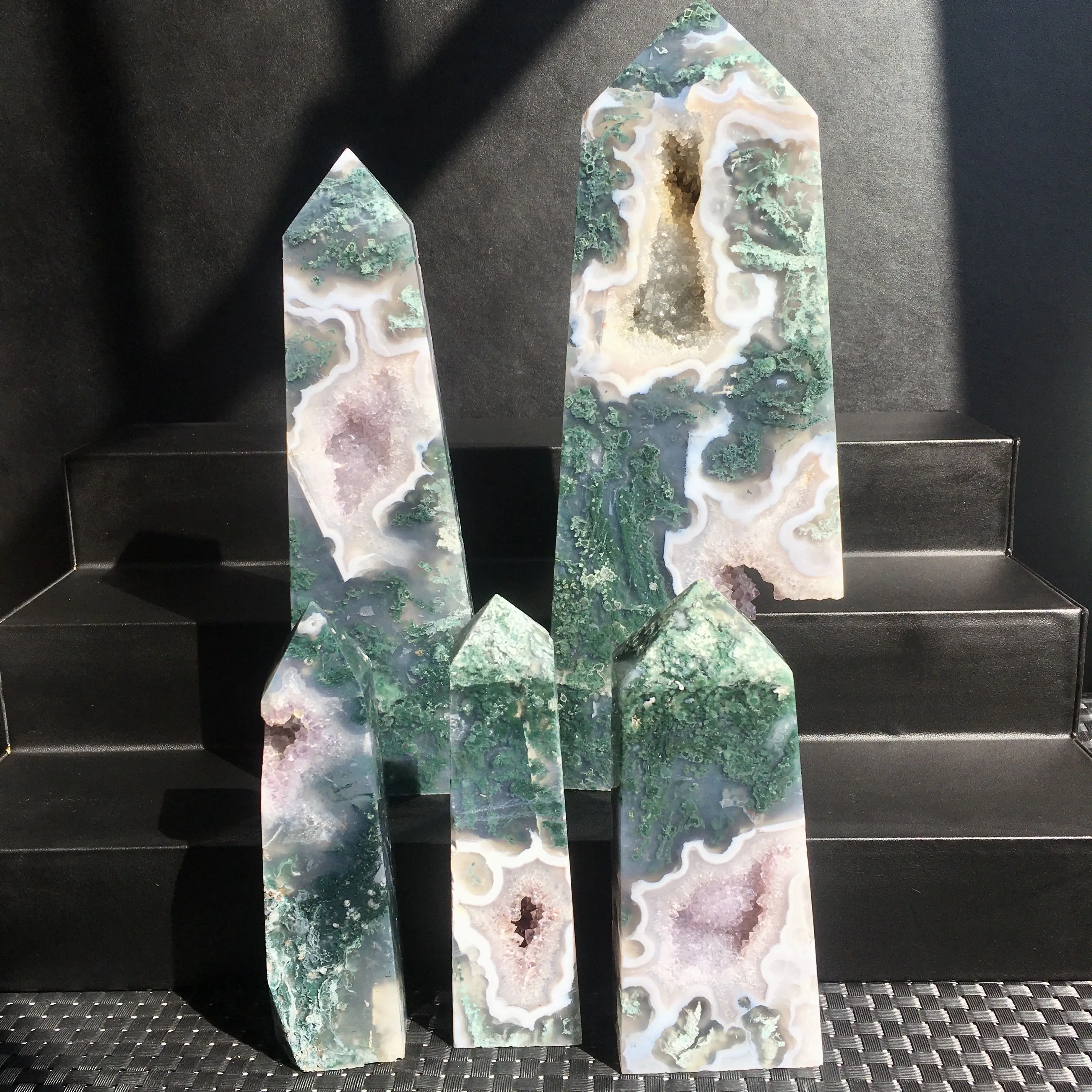 Natural Purple Moss Agate High Quality Moss Agate With Amethyst Geode Tower Nice Crystal Point For Sale