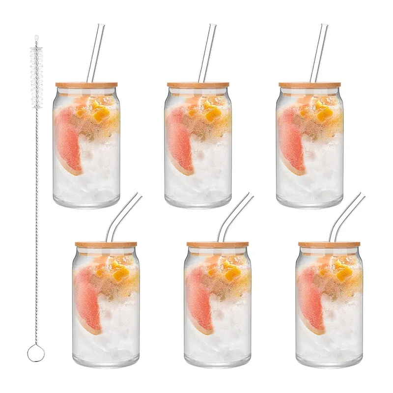 10OZ Drinking Glass Can Shaped Glass Cups with Bamboo Lids and Glass Straws for Juice Beverage Milk