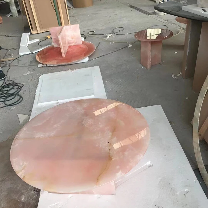 Guanmay Custom Luxury Home Furniture 2 Pieces Marble Stone Pink Onyx Round Marble Coffee Table Set