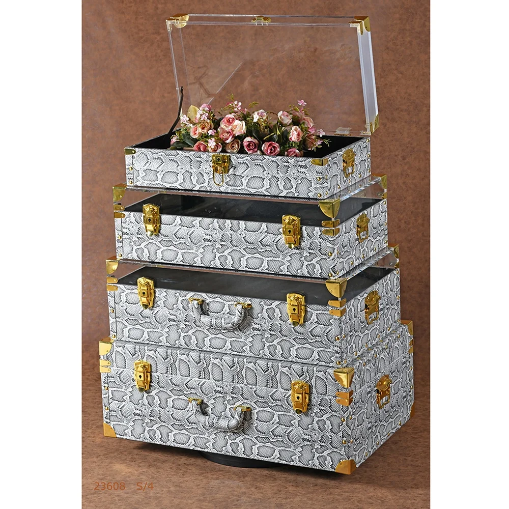 luxury leather surface wood storage trunk boxes with clear acrylic top/lid/cover for display