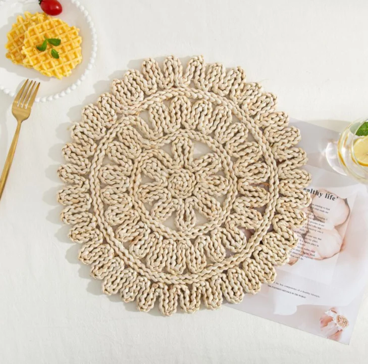  Natural Color Rattan Tablemat Hollow Wicker Charger Plates for Holiday Christmas Kitchen Table Mat Round Woven