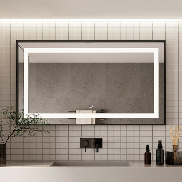 Luxury Rectangle Dimmable Touch Switch Bathroom Aluminum Alloy LED Mirror with Bluetooth