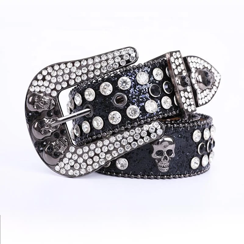 Customized Western Bling Bling Skull Heads  Rhinestone Belt Men Women Cowboy Crystal Leather BB Simon Belt Diamond belt