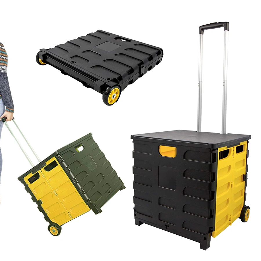 Supermarket Trolley Portable Pull Goods Grocery Cart, Plastic Folding Shopping Cart Trolley