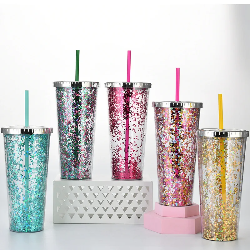 2022 new 24oz straw cup glitter water cup cold drink cup 20oz skinny tumbler clear double wall plastic with plating cover