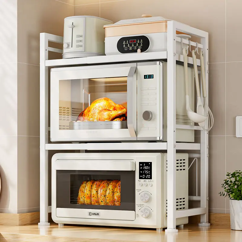 white kitchen desktop scalable height adjustable double layer microwave oven rack countertop toasters pizza oven Storage holder