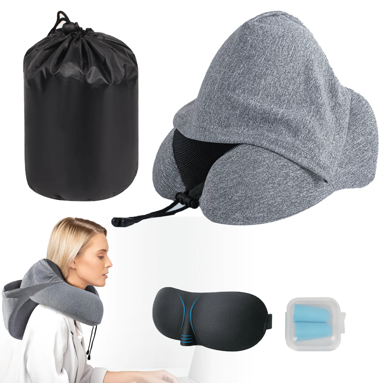 Custom Logo Flight Sleeping Resting Pillow Foam Beans Travel Neck Pillow U shape Neck Pillow With Hood