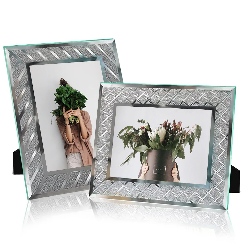 4x6 Glass Picture Frames Crush Diamond Mirror Photo Frame for Wedding Gift Full Glass Glitter Mirror