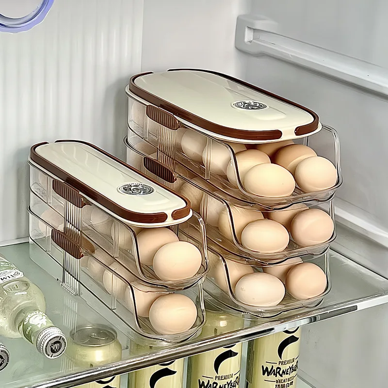 OWNSWING Egg Holder For Fridge Automatic Scrolling Egg Dispenser For Refrigerator Clear Egg Holder For Kitchen Storage With Lid