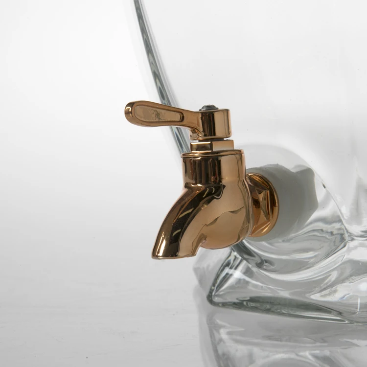 new design clear glass containers glass drinking beverage dispenser with metal lid and wooden stand