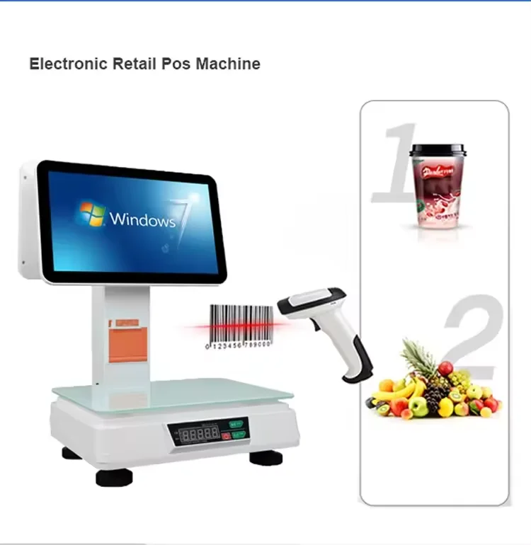 Hot Selling 15.6+14 Inch 2+32GB Win-dows7 POS System Dual Screen Retail All In One Pos Machine with Printer and Scale