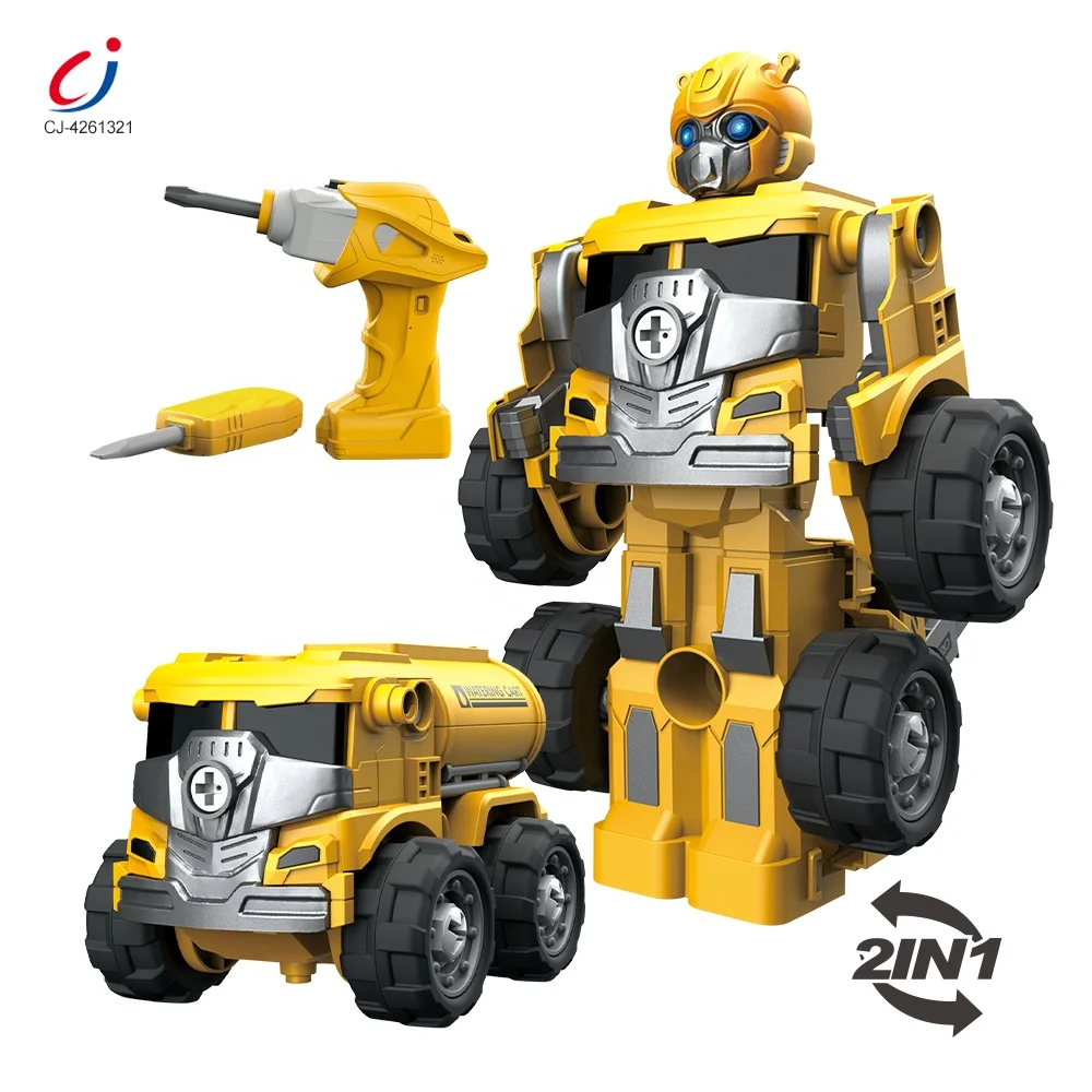 Chengji educational 2 in 1 deformable transporter vehicles robot toy diy assemble car electric oil tanker truck toys for kids
