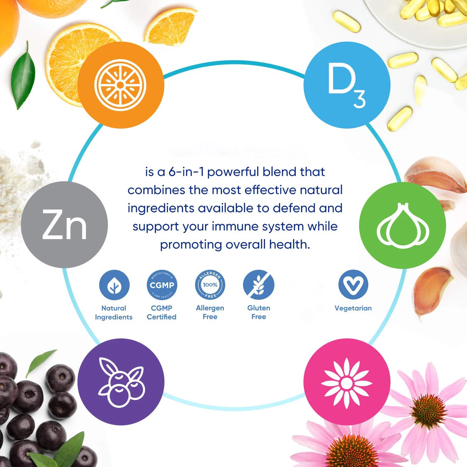 Supports Health Advanced Immune 6-in-1 Powerful Blend Vitamin C Vitamin D3 Zinc Elderberries Garlic Bulb Echinacea capsules