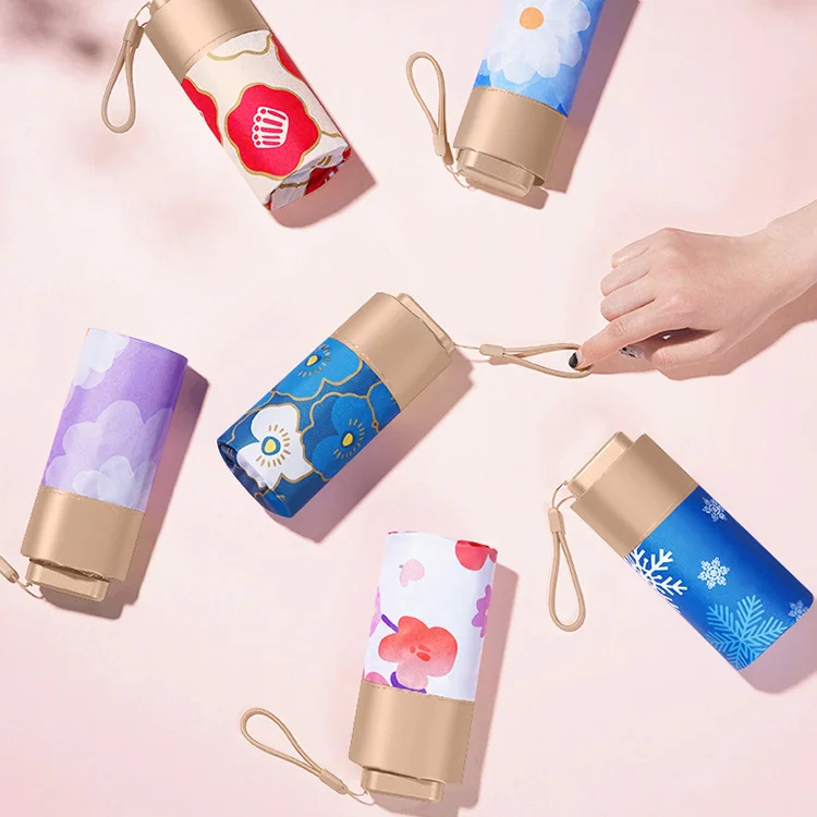 Super Mini Flat Pocket Size Luxury Digital Print Flower Gold Rain Five Folding Umbrella with UV Protection