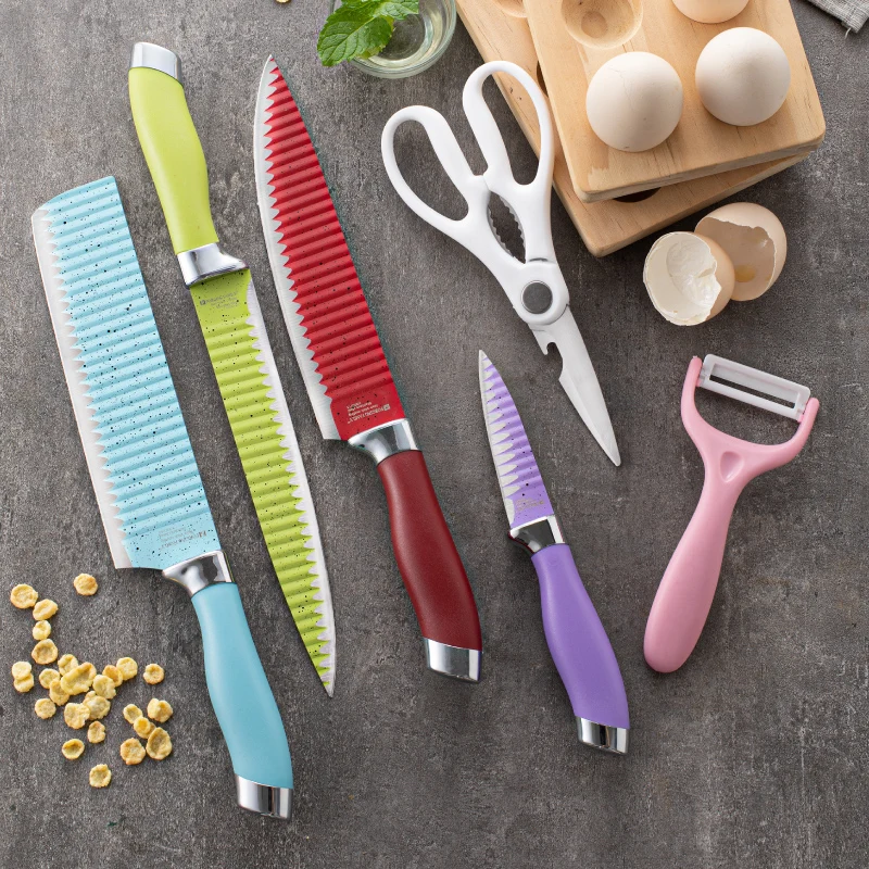 6 pcs Kitchen Knives Eco-friendly Spray Paint Chef Knife Peel Kitchen Scissors Set non stick cookware set kitchen gadets