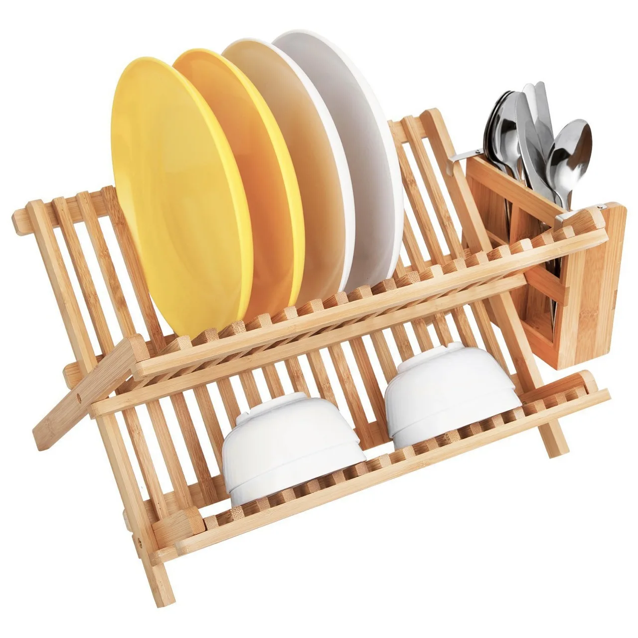 Bamboo dish rack with drain rack, two-tier kitchen storage rack, folding kitchen storage rack