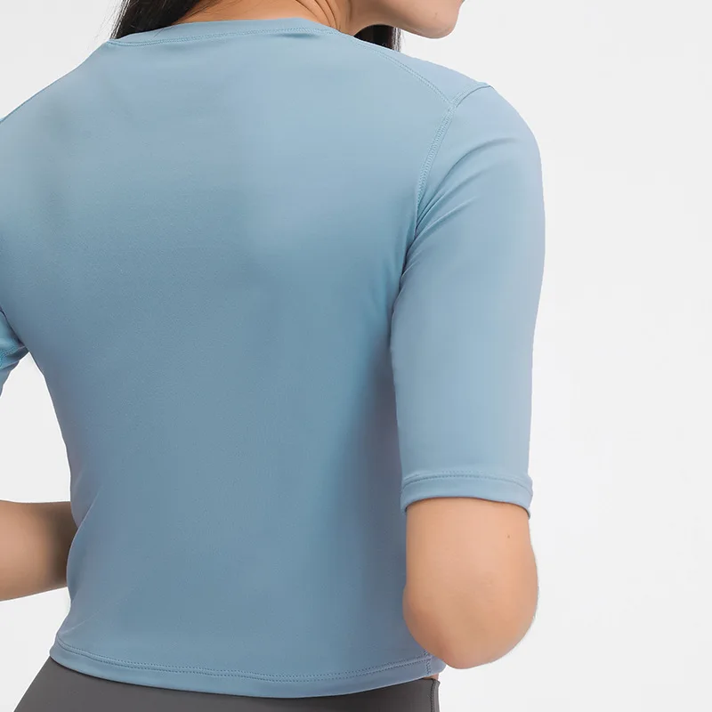 
Slim Fit Solid Round Collar Open Back Custom T-shirt Fitness Sport Energy Yoga Shirt For Women 