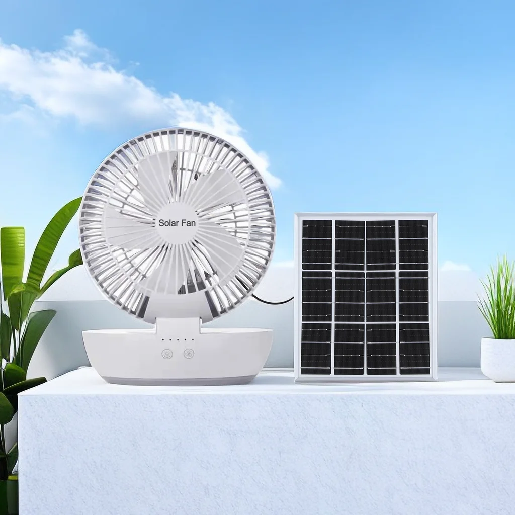 2024 Factory Price T7 5W Portable Solar Fan With Solar MONO Panel Led Night Light DC/AC Rechargeable For Office Hope Table Fan
