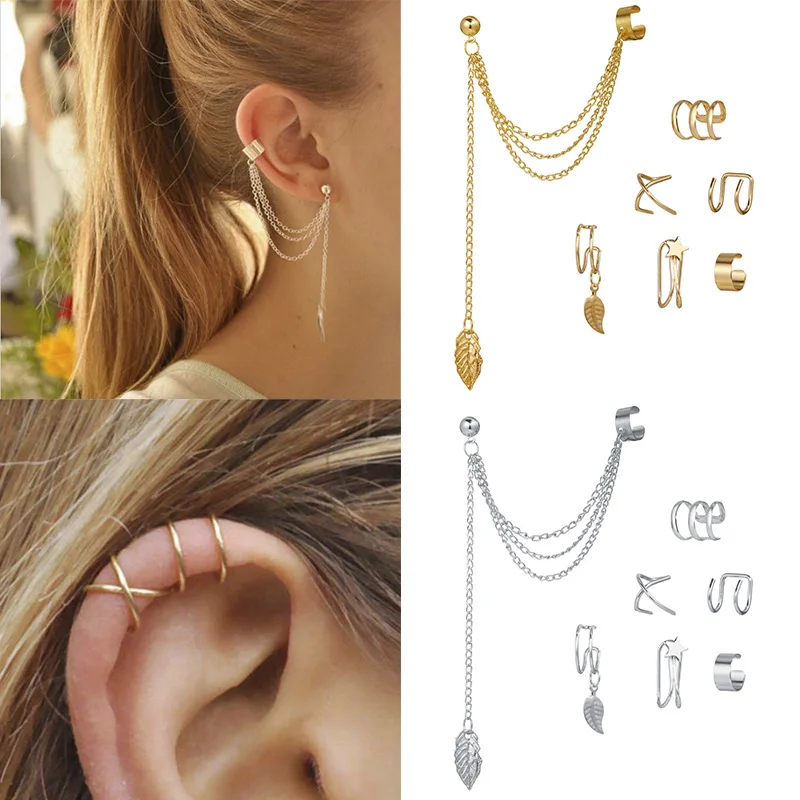 Gold silver clip-on Earrings stud earrings leaves ear clips set for women