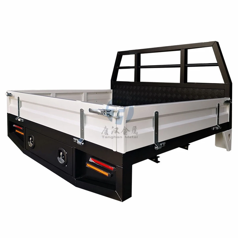 dual/single/extra cab aluminum Ute tray with tapered toolbox, mud guards and rear drawer for 4X4 pickup truck in Powder Coating