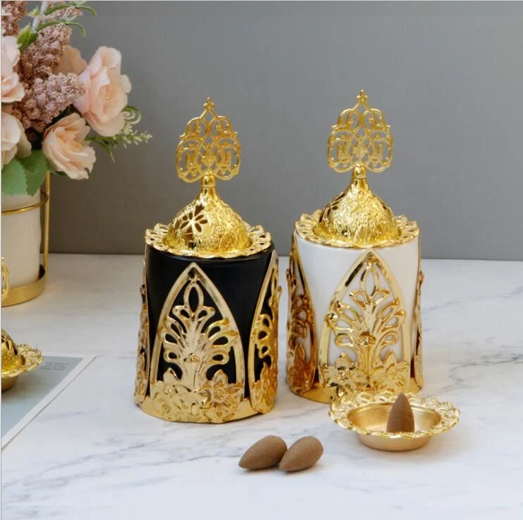 company popular zen hotel gold ceramic base with metal holder Arabic Incense Burner